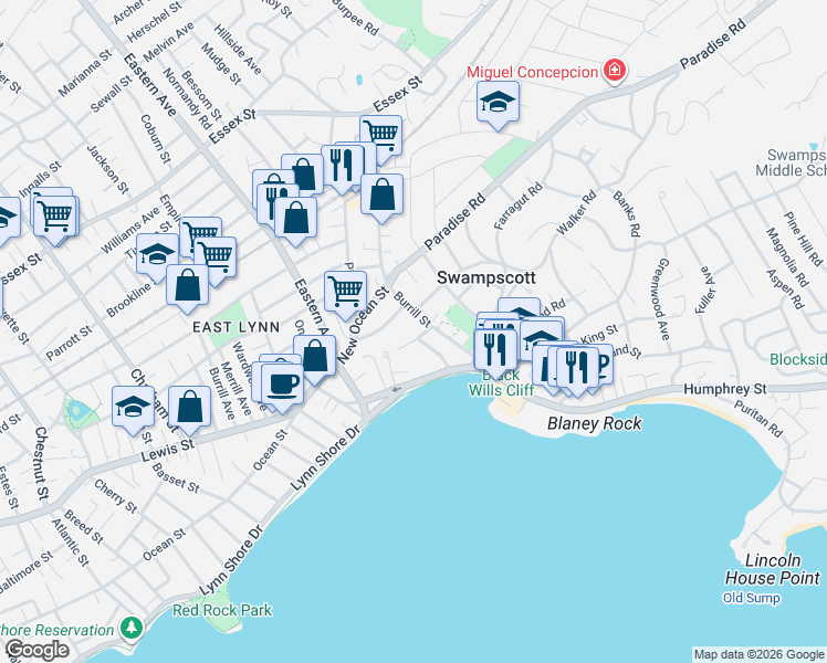 map of restaurants, bars, coffee shops, grocery stores, and more near 81 Burrill Street in Swampscott