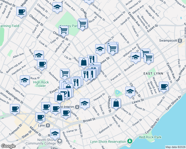 map of restaurants, bars, coffee shops, grocery stores, and more near 20 Lincoln Street in Lynn
