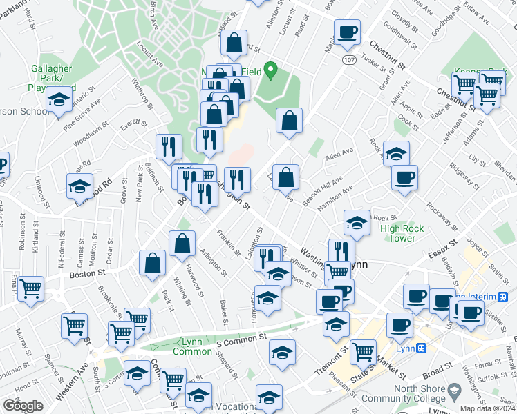 map of restaurants, bars, coffee shops, grocery stores, and more near 76 Washington Street in Lynn