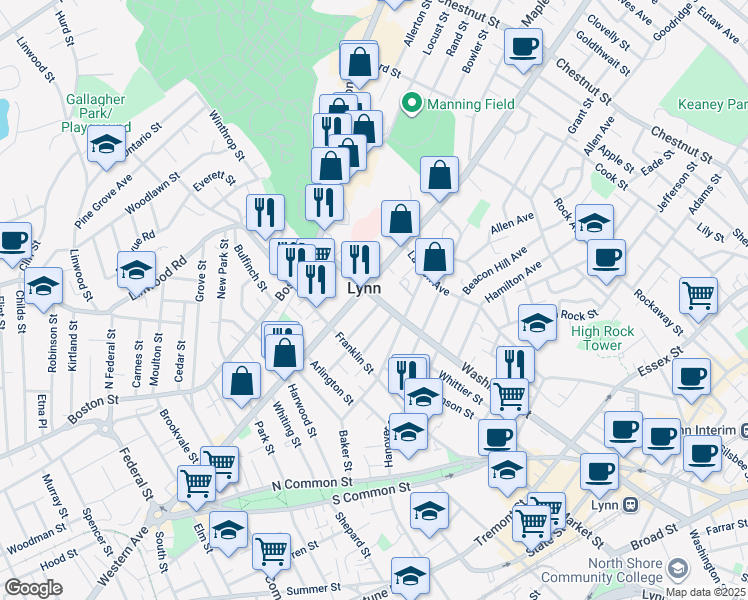 map of restaurants, bars, coffee shops, grocery stores, and more near 76 Washington Street in Lynn