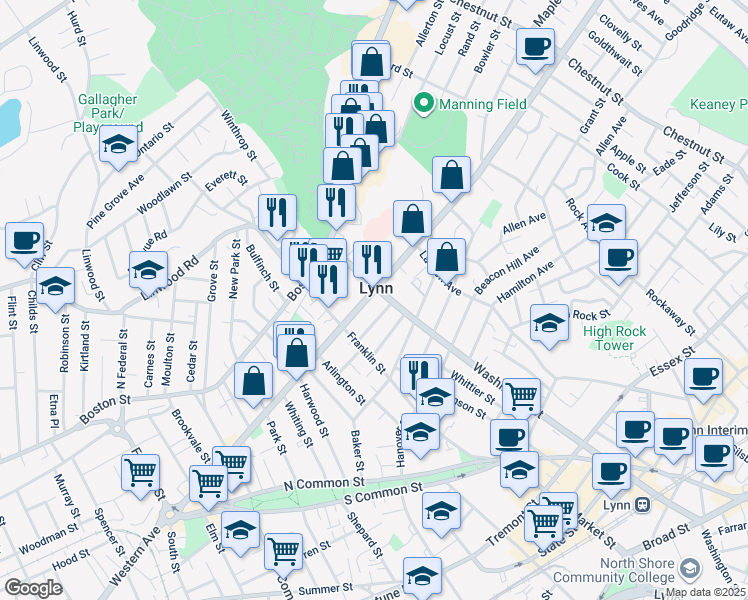 map of restaurants, bars, coffee shops, grocery stores, and more near in Lynn