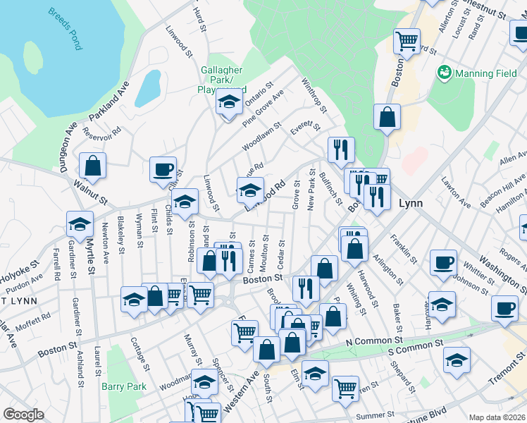 map of restaurants, bars, coffee shops, grocery stores, and more near 35 Walnut Street in Lynn