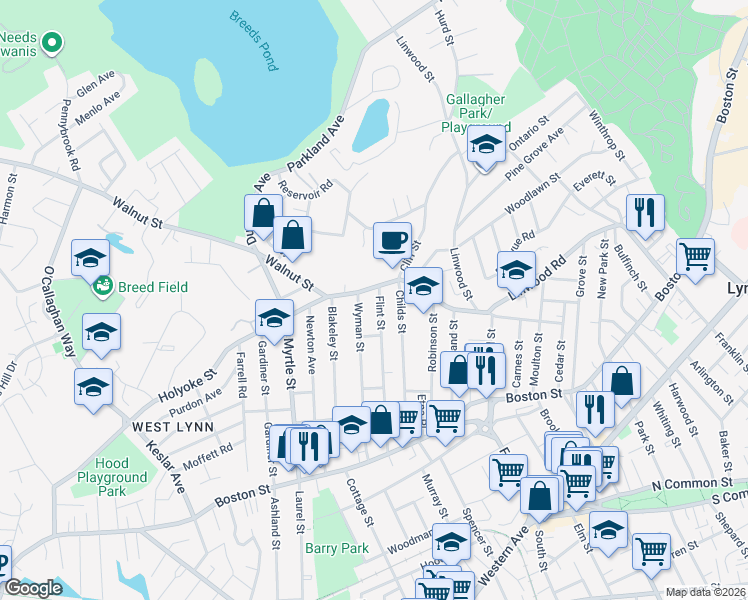 map of restaurants, bars, coffee shops, grocery stores, and more near 165 O'Callaghan Way in Lynn