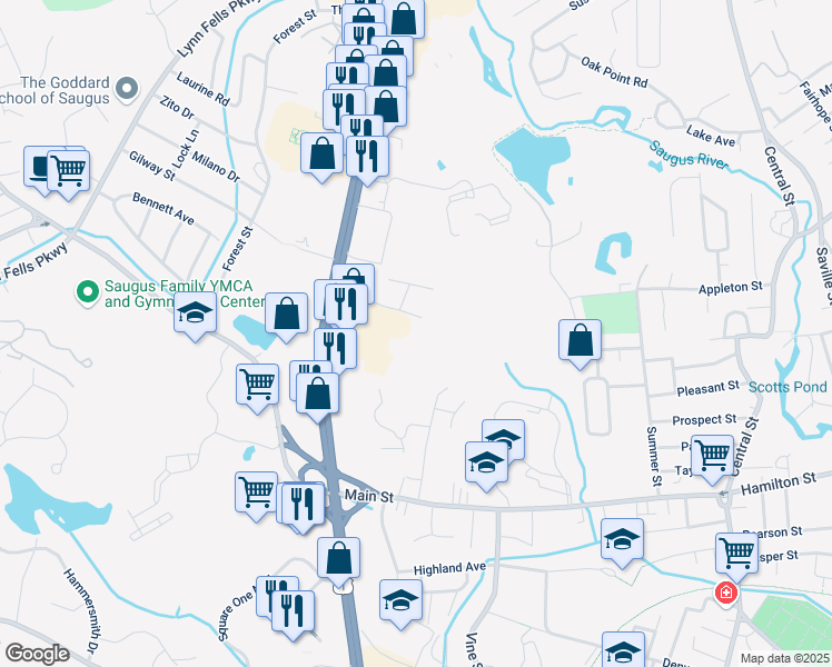map of restaurants, bars, coffee shops, grocery stores, and more near 880 Broadway in Saugus
