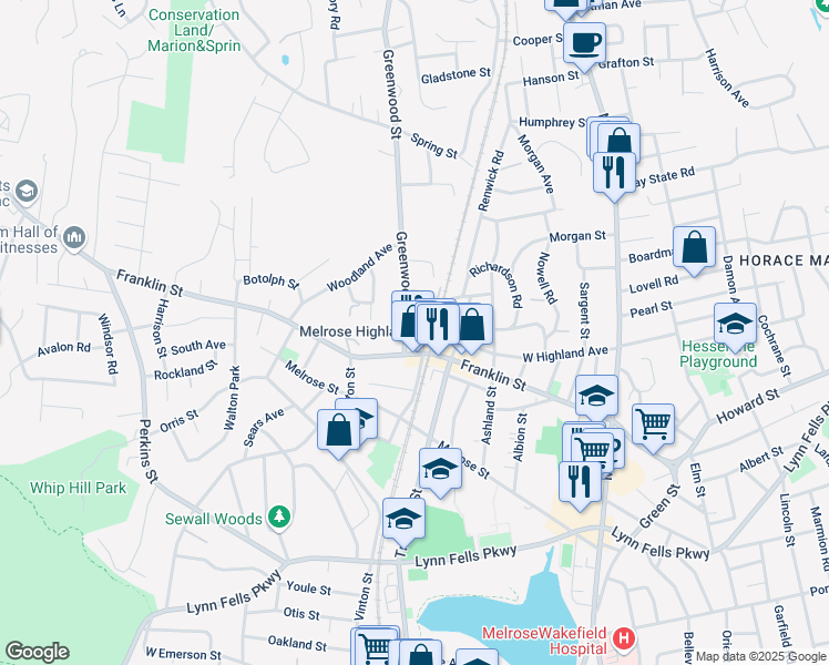 map of restaurants, bars, coffee shops, grocery stores, and more near 517 Franklin Street in Melrose