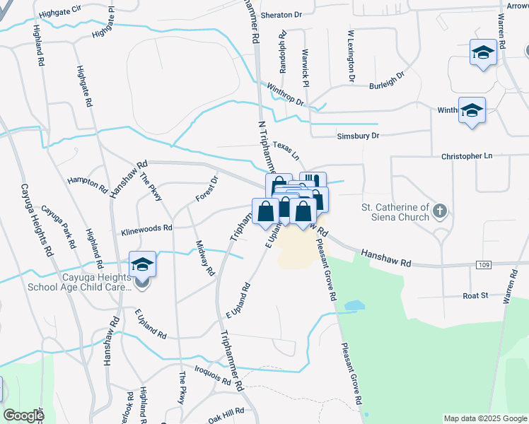 map of restaurants, bars, coffee shops, grocery stores, and more near 1020 Triphammer Road in Ithaca