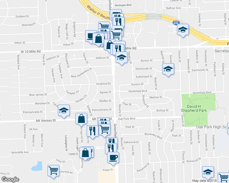 map of restaurants, bars, coffee shops, grocery stores, and more near Greenfield Road in Oak Park