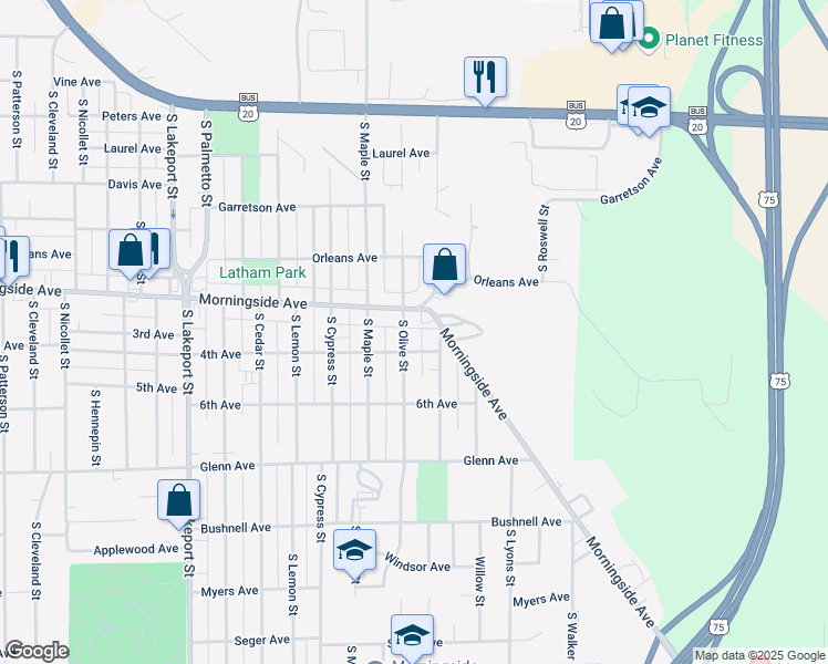 map of restaurants, bars, coffee shops, grocery stores, and more near 2044-2098 South Olive Street in Sioux City