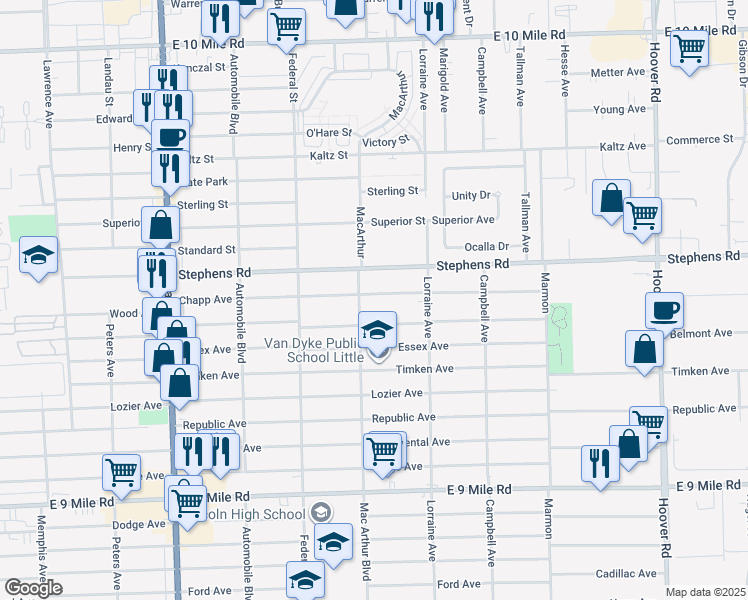 map of restaurants, bars, coffee shops, grocery stores, and more near 8658 Chapp Avenue in Warren
