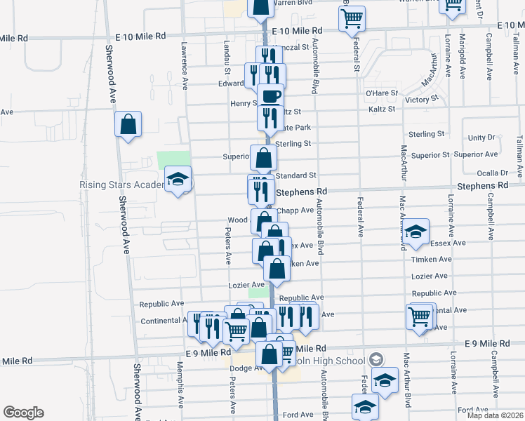 map of restaurants, bars, coffee shops, grocery stores, and more near 7577 Wood Avenue in Center Line