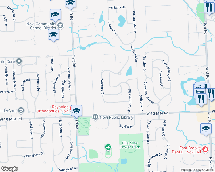map of restaurants, bars, coffee shops, grocery stores, and more near 24715 Jamestowne Road in Novi