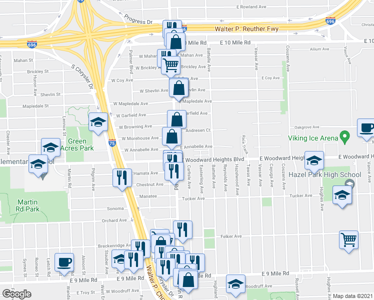 map of restaurants, bars, coffee shops, grocery stores, and more near 50 East Annabelle Avenue in Hazel Park