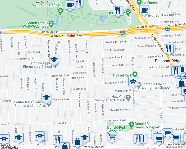 map of restaurants, bars, coffee shops, grocery stores, and more near 122 Maplefield Road in Pleasant Ridge