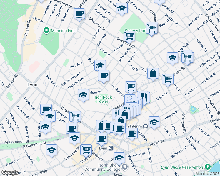 map of restaurants, bars, coffee shops, grocery stores, and more near 68 Rockaway Street in Lynn