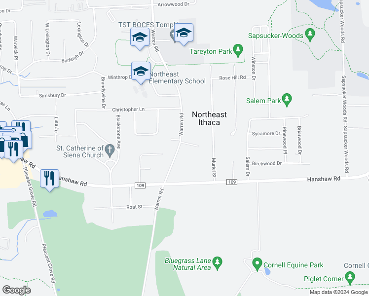map of restaurants, bars, coffee shops, grocery stores, and more near 427 Warren Road in Ithaca