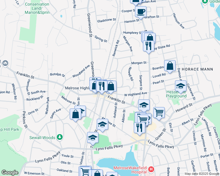map of restaurants, bars, coffee shops, grocery stores, and more near 25 Chipman Ave in Melrose