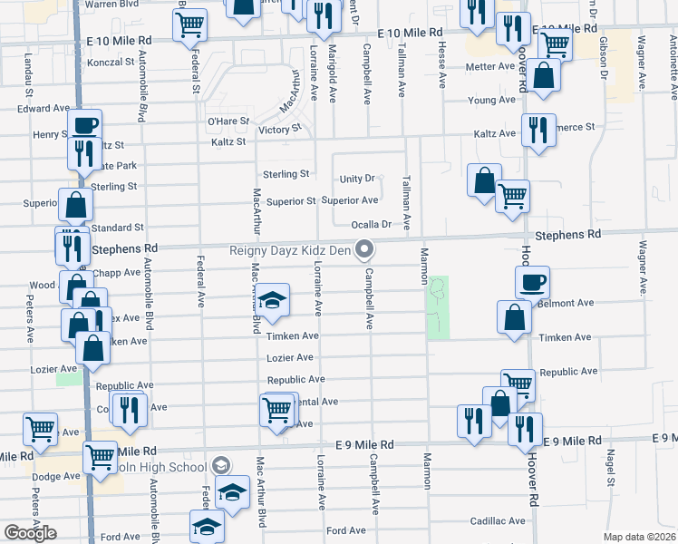 map of restaurants, bars, coffee shops, grocery stores, and more near 11076 Chapp Avenue in Warren