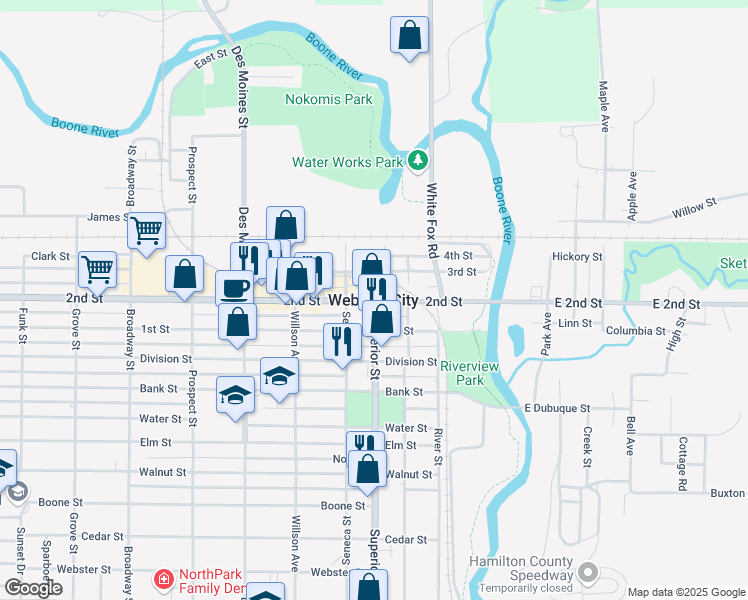 map of restaurants, bars, coffee shops, grocery stores, and more near in Webster City