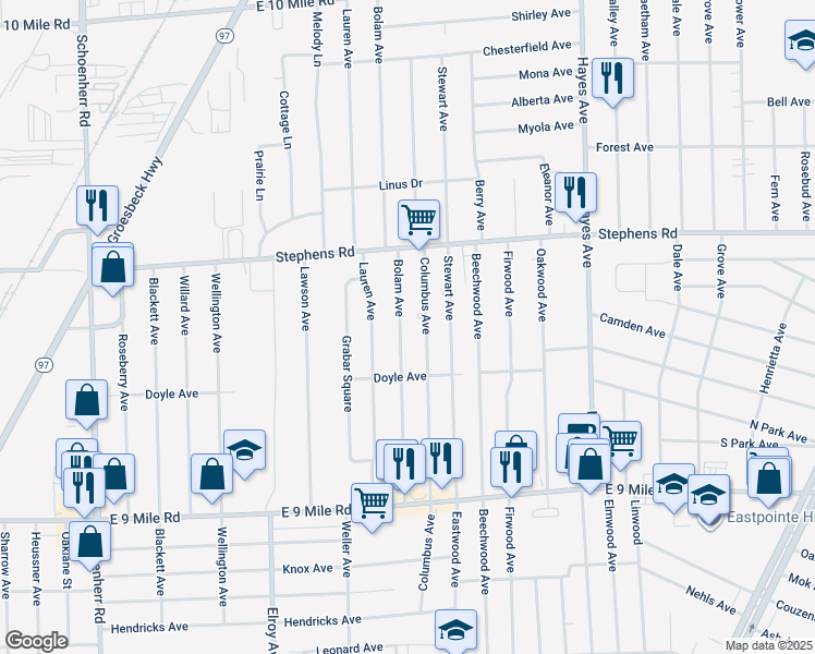 map of restaurants, bars, coffee shops, grocery stores, and more near 23596 Bolam Avenue in Warren