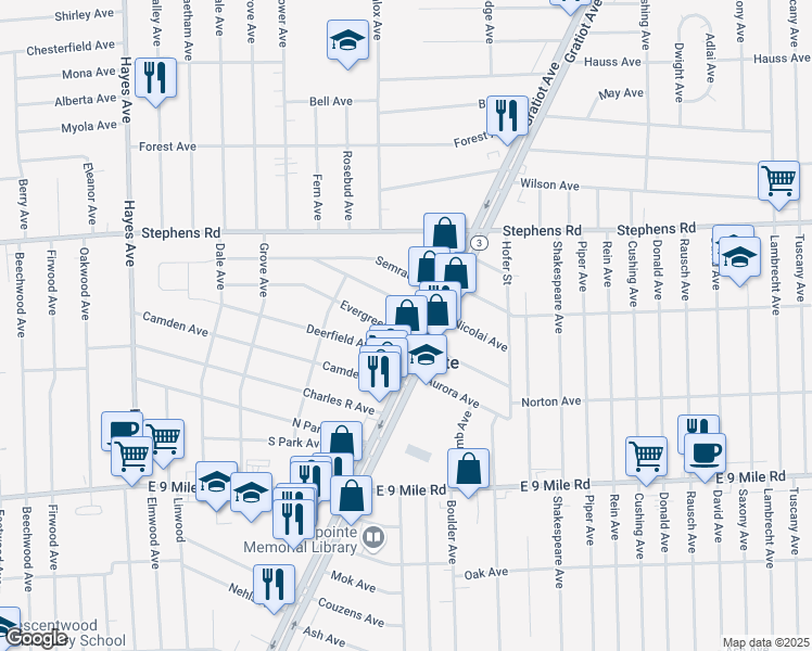 map of restaurants, bars, coffee shops, grocery stores, and more near 15841 Evergreen Avenue in Eastpointe