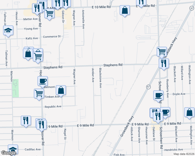 map of restaurants, bars, coffee shops, grocery stores, and more near 23901 Blackstone Avenue in Warren