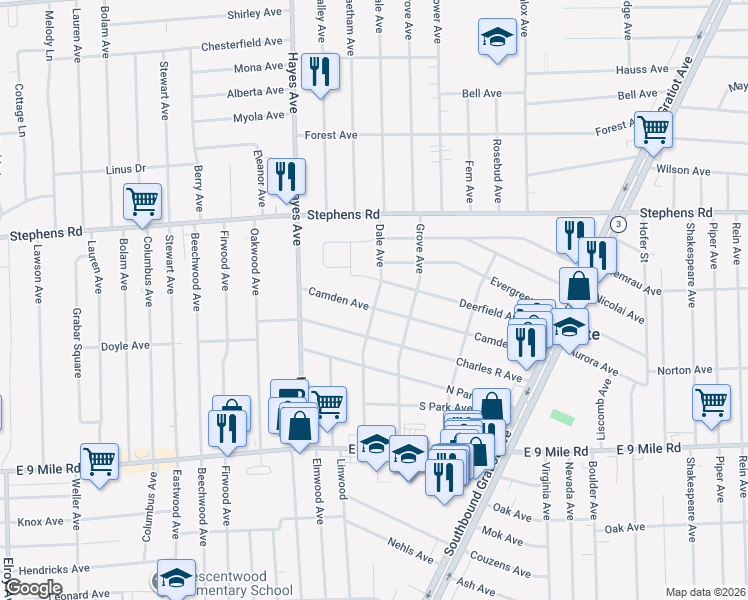 map of restaurants, bars, coffee shops, grocery stores, and more near 15163 Camden Avenue in Eastpointe