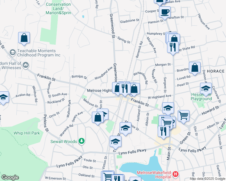 map of restaurants, bars, coffee shops, grocery stores, and more near 22 Greenwood Street in Melrose