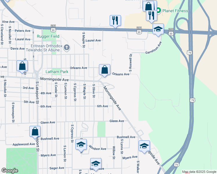 map of restaurants, bars, coffee shops, grocery stores, and more near 5549 Morningside Avenue in Sioux City