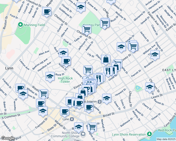 map of restaurants, bars, coffee shops, grocery stores, and more near 28 Essex Circle in Lynn