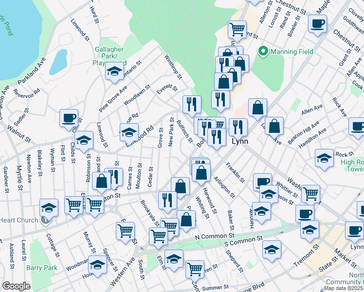 map of restaurants, bars, coffee shops, grocery stores, and more near 29 Waverly Street in Lynn
