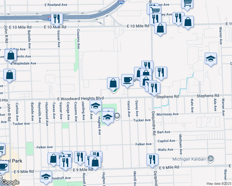 map of restaurants, bars, coffee shops, grocery stores, and more near 1515 East Woodward Heights Boulevard in Hazel Park