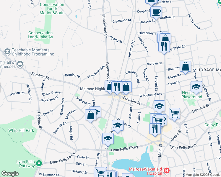map of restaurants, bars, coffee shops, grocery stores, and more near 21 Greenwood Street in Melrose