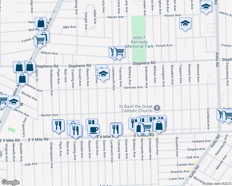 map of restaurants, bars, coffee shops, grocery stores, and more near 23138 Lambrecht Avenue in Eastpointe