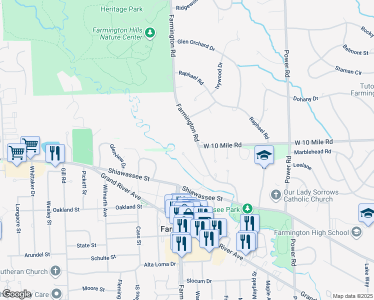 map of restaurants, bars, coffee shops, grocery stores, and more near 24196 Twin Valley Court in Farmington