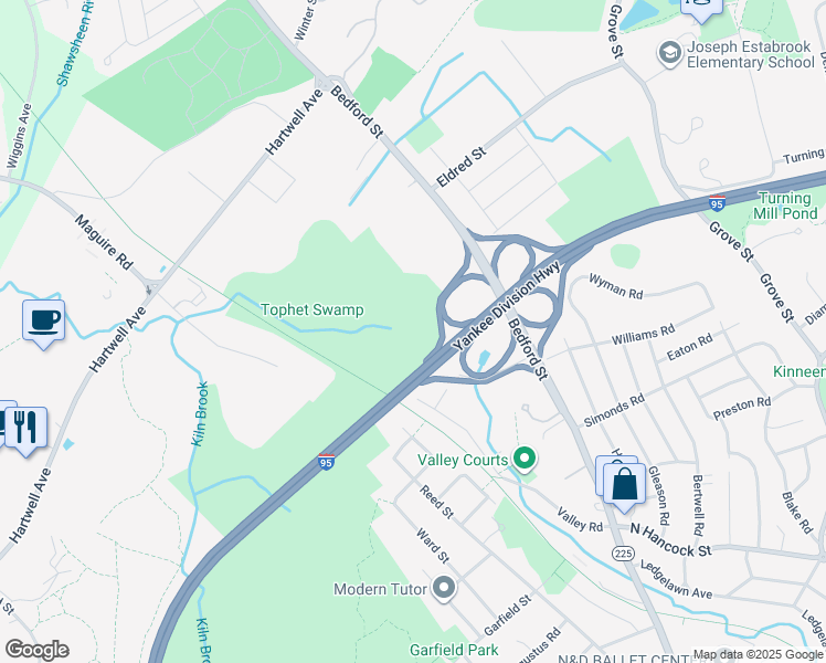 map of restaurants, bars, coffee shops, grocery stores, and more near 350 Bedford Street in Lexington