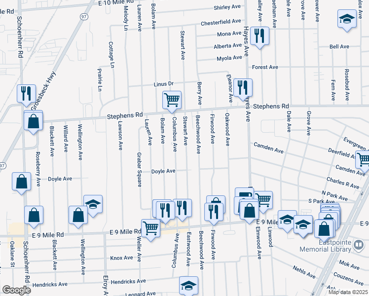 map of restaurants, bars, coffee shops, grocery stores, and more near 23603 Stewart Avenue in Warren