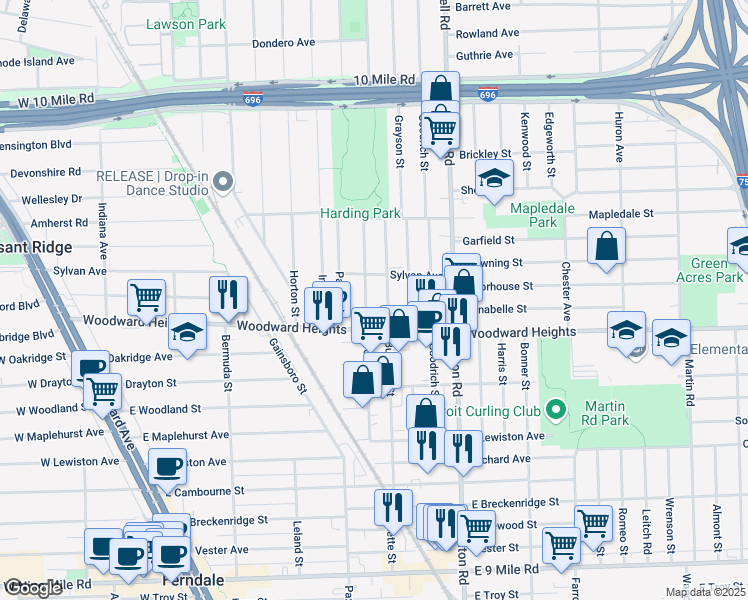 map of restaurants, bars, coffee shops, grocery stores, and more near 2810 Wolcott St in Ferndale