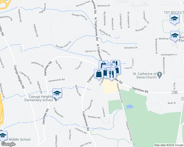 map of restaurants, bars, coffee shops, grocery stores, and more near 1020 Triphammer Rd in Ithaca