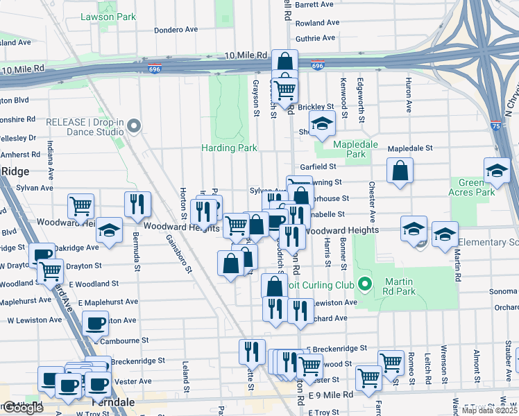 map of restaurants, bars, coffee shops, grocery stores, and more near 2815 Grayson Street in Ferndale