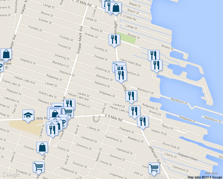 map of restaurants, bars, coffee shops, grocery stores, and more near 22700 Stephens St in St Clair Shores