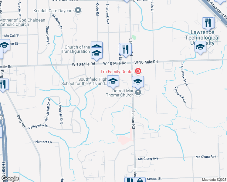 map of restaurants, bars, coffee shops, grocery stores, and more near 24675 Lahser Road in Southfield