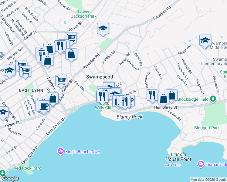 map of restaurants, bars, coffee shops, grocery stores, and more near 121 Elmwood Road in Swampscott