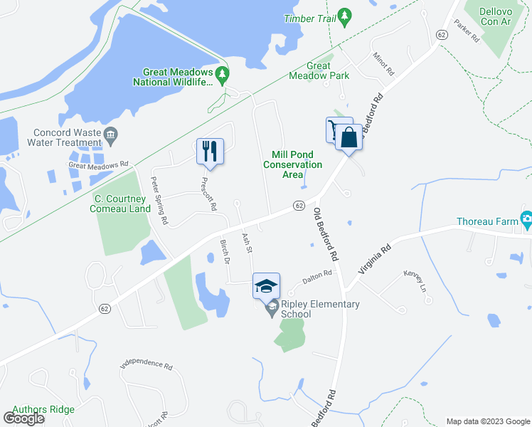 map of restaurants, bars, coffee shops, grocery stores, and more near 679 Bedford Street in Concord