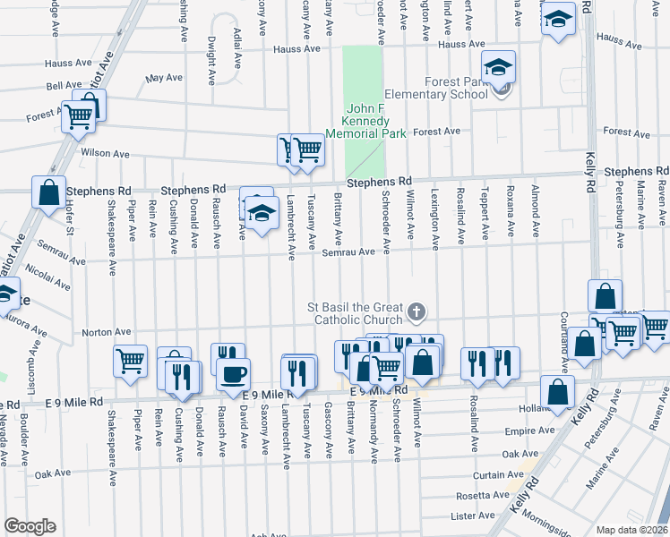 map of restaurants, bars, coffee shops, grocery stores, and more near 23135 Brittany Avenue in Eastpointe