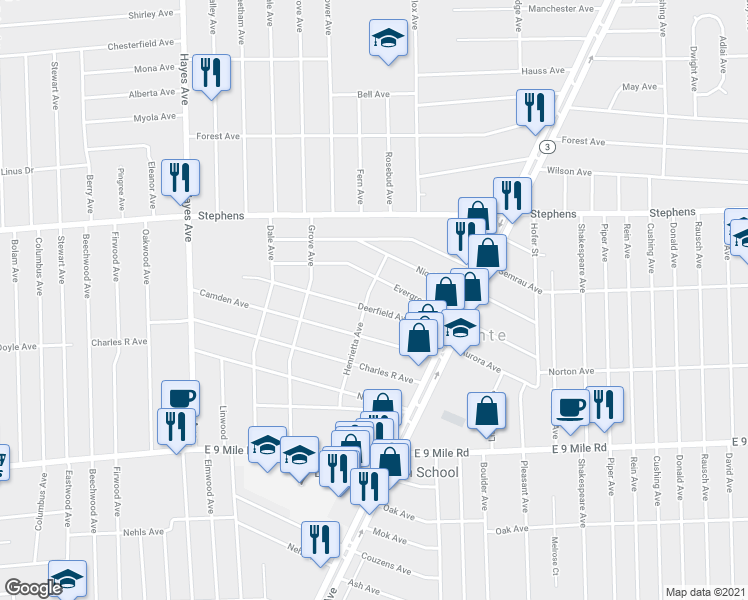 map of restaurants, bars, coffee shops, grocery stores, and more near 15705 Deerfield Ave in Eastpointe