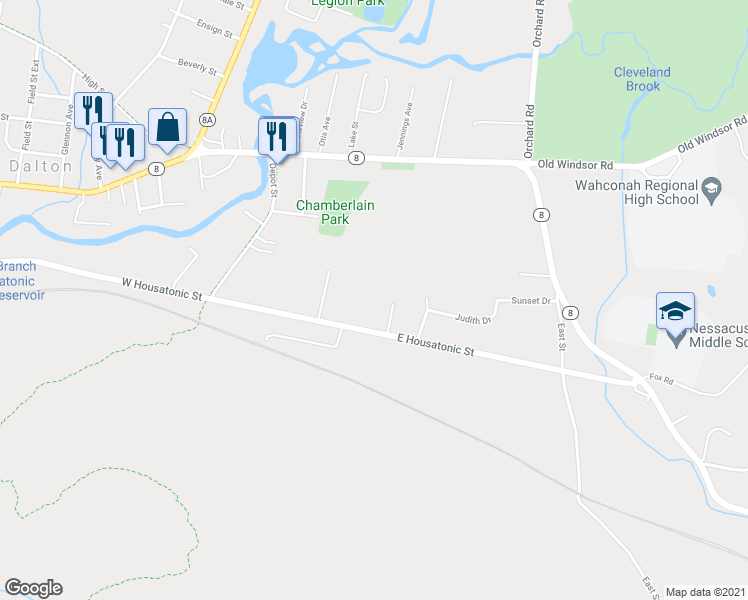 map of restaurants, bars, coffee shops, grocery stores, and more near 177 East Housatonic Street in Dalton