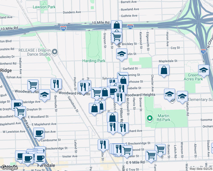 map of restaurants, bars, coffee shops, grocery stores, and more near 2815 Grayson Street in Ferndale