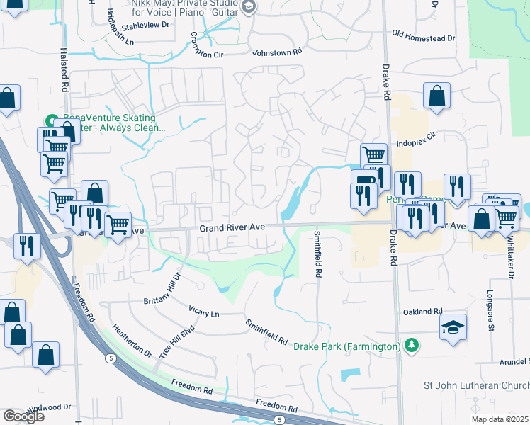 map of restaurants, bars, coffee shops, grocery stores, and more near 24375 Verdant Drive in Farmington Hills