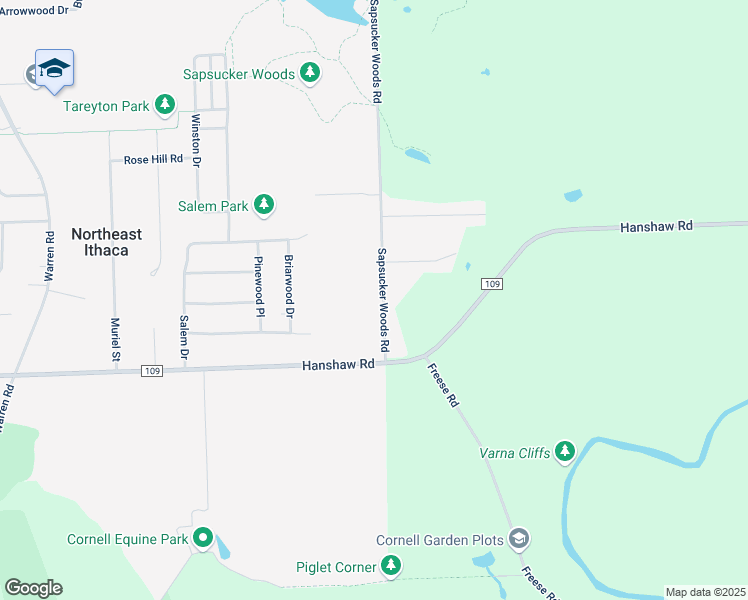 map of restaurants, bars, coffee shops, grocery stores, and more near 124 Sapsucker Woods Road in Ithaca