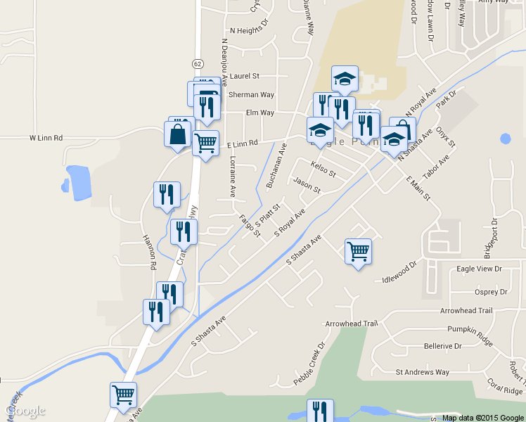 map of restaurants, bars, coffee shops, grocery stores, and more near 600 South Platt Street in Eagle Point